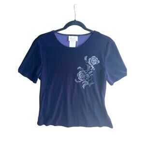 Kathie Lee Women's Glitter Floral Embroidered Velvet Top Purple Size M NEW